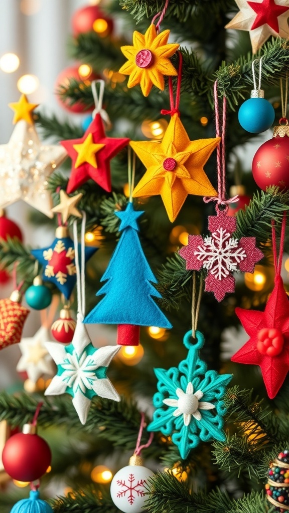 Colorful 3D felt Christmas ornaments in various shapes hanging on a decorated tree.